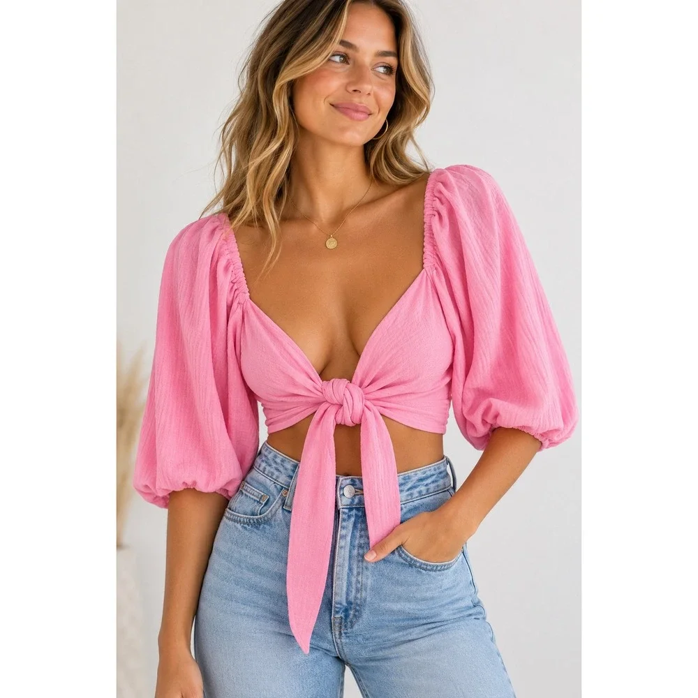 Jens Pirate Booty for Free People Pink Gauze Reversible Tie Back Crop Top Medium